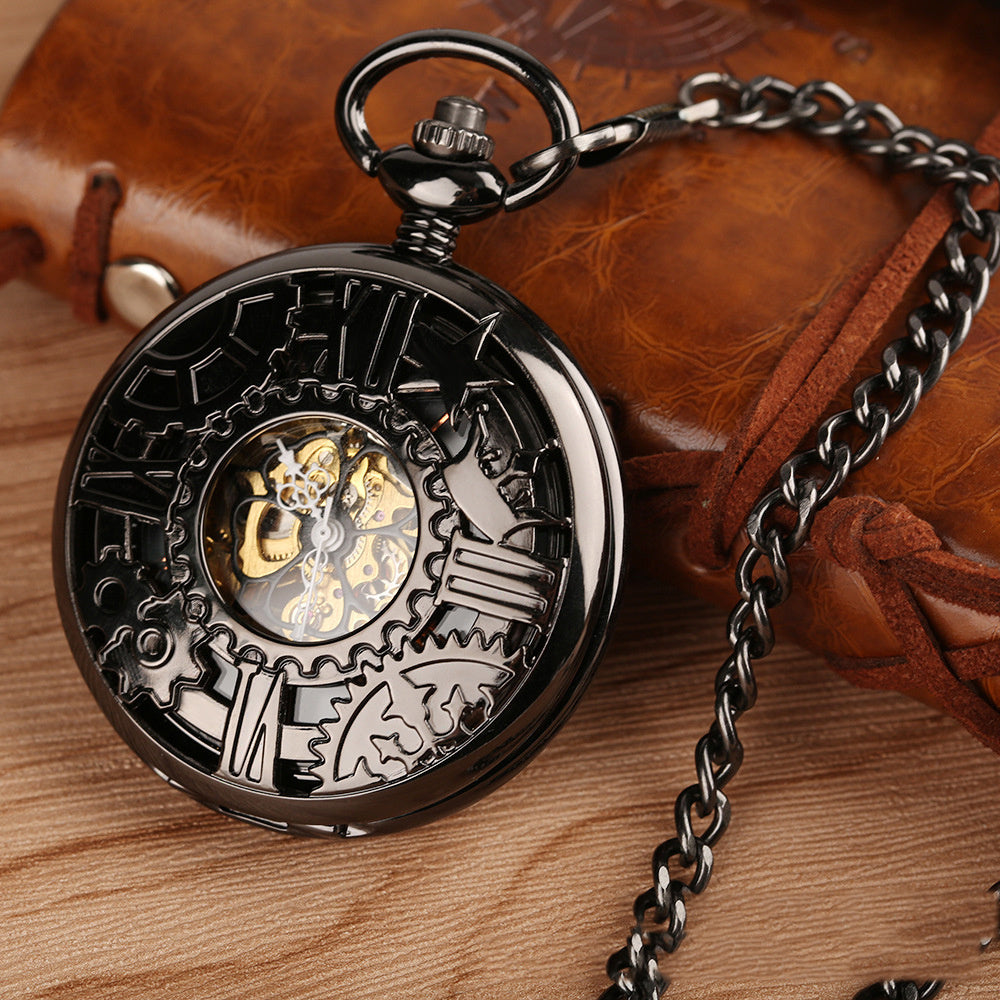 New Retro Flip Hollow Necklace Pocket Watch Red Copper Hollow Gear Roman Face