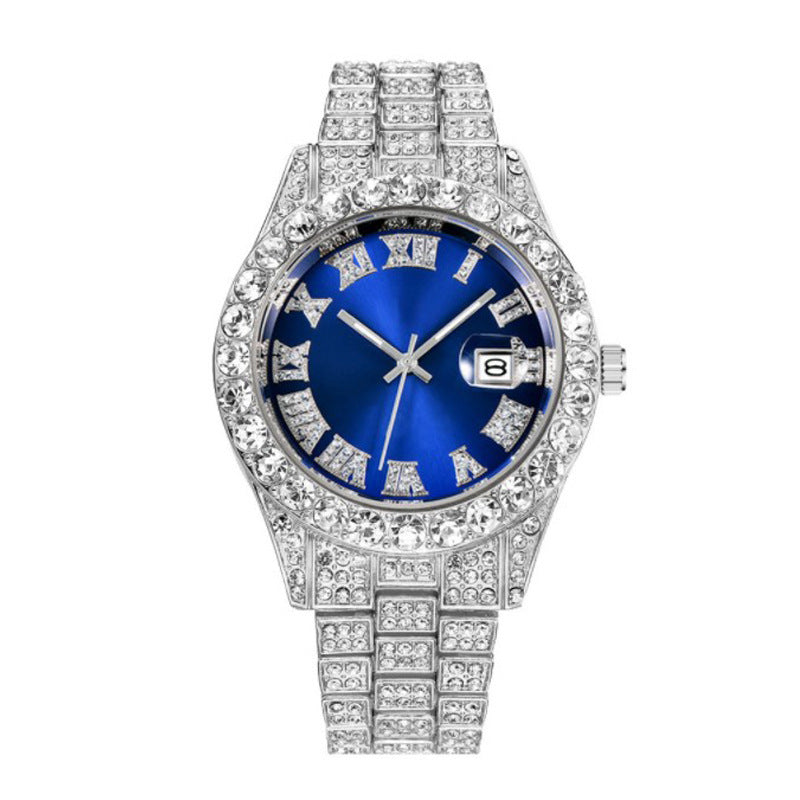 Men's Hip Hop Roman Scale Diamond Studded Calendar Quartz Watch