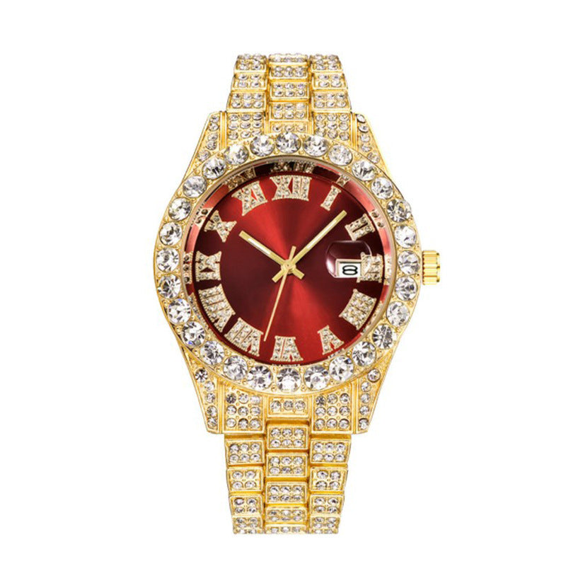 Men's Hip Hop Roman Scale Diamond Studded Calendar Quartz Watch