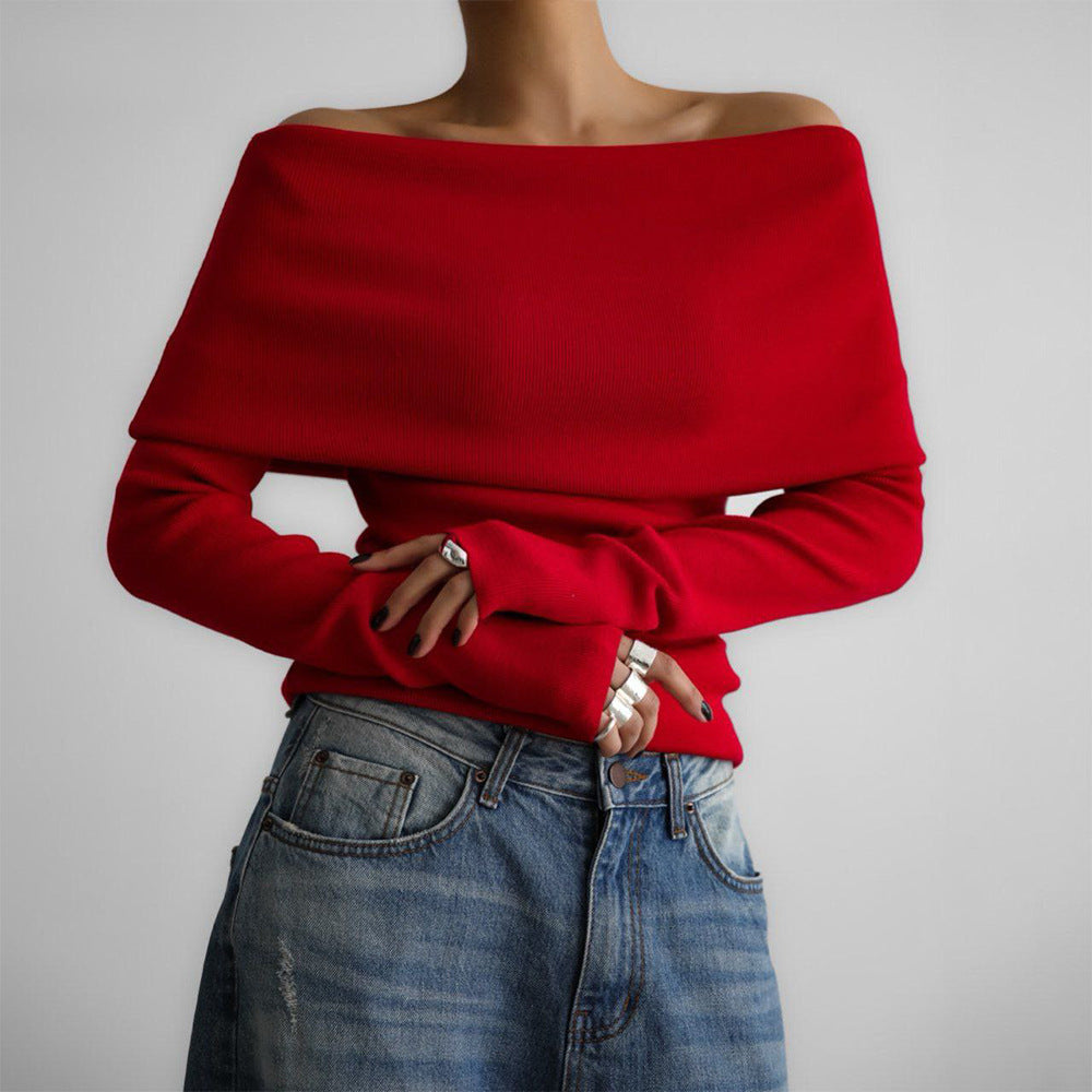 Long Sleeve Knitted Bottoming Shirt Off-shoulder