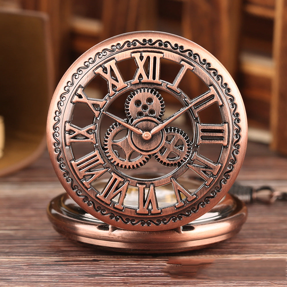 New Retro Flip Hollow Necklace Pocket Watch Red Copper Hollow Gear Roman Face