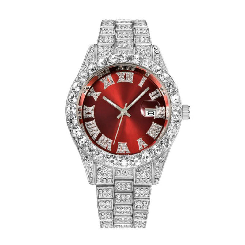 Men's Hip Hop Roman Scale Diamond Studded Calendar Quartz Watch