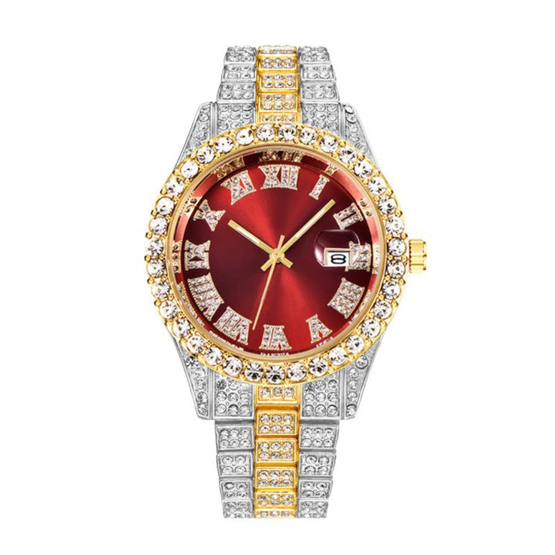 Men's Hip Hop Roman Scale Diamond Studded Calendar Quartz Watch