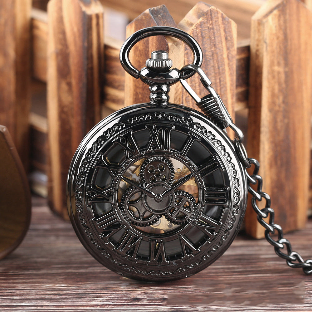 New Retro Flip Hollow Necklace Pocket Watch Red Copper Hollow Gear Roman Face