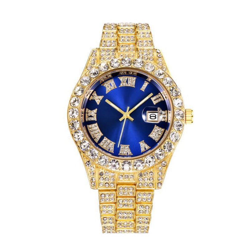 Men's Hip Hop Roman Scale Diamond Studded Calendar Quartz Watch
