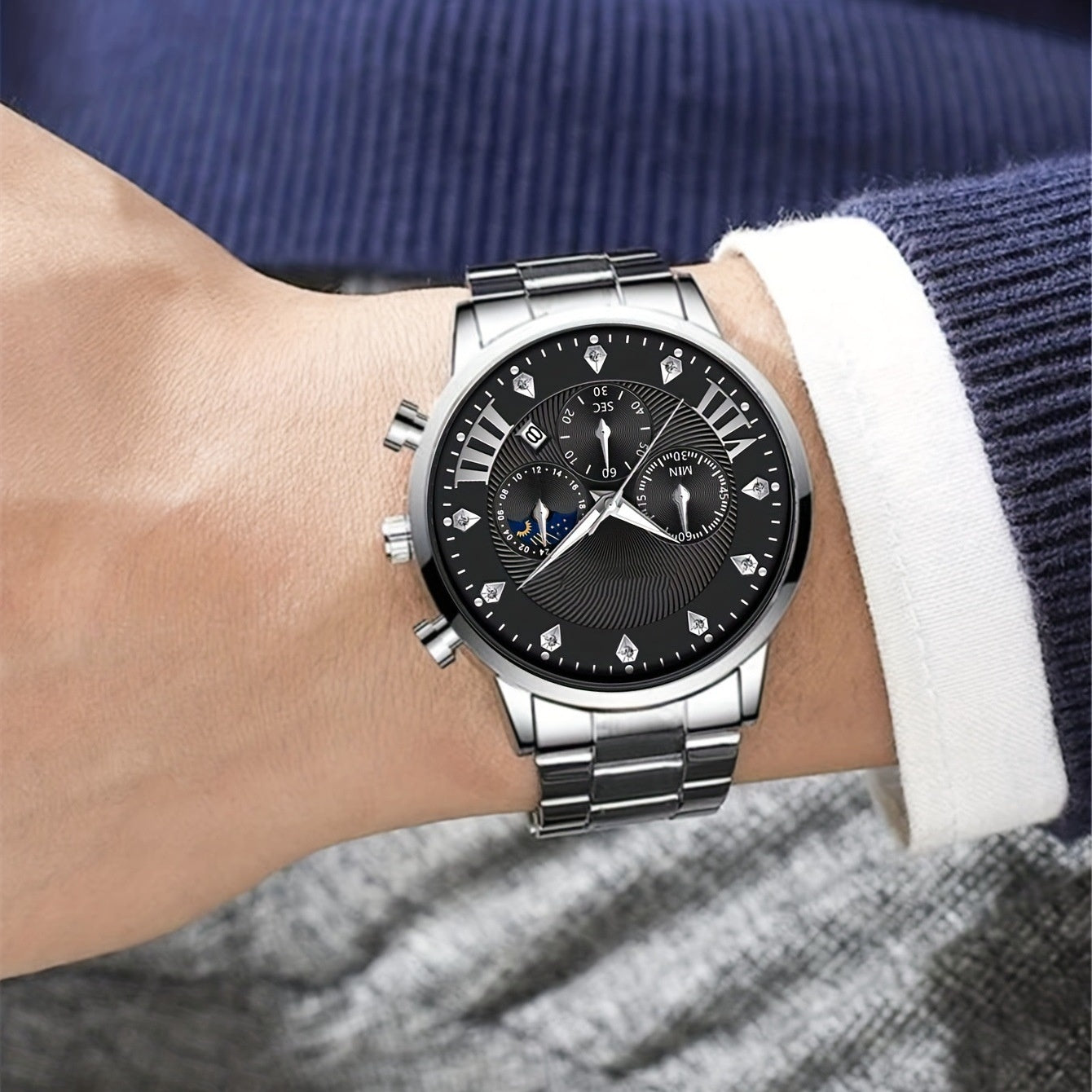 Diamond Men's Steel Strap Watch Sun Moon Star Calendar Quartz